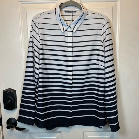 Zac & Rachel 1X Black/White Striped Covered Button Blouse Roll Tab sleev… - Picture 2 of 12